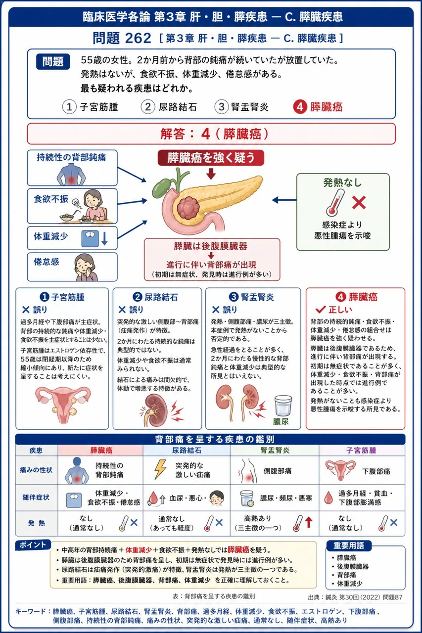 鍼灸 第30回(2022) 問題87｜「55歳の女性。2か月前から背部の鈍痛が続いていたが放置していた。発熱はないが、食欲不振、体重減少、倦怠感がある。」最も疑われる疾患はどれか。 解説図