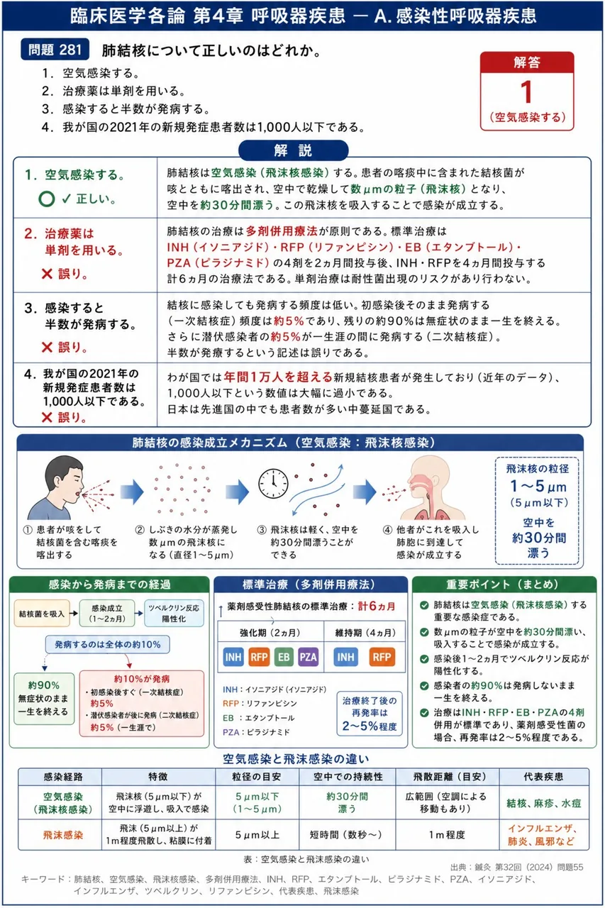 鍼灸 第32回(2024) 問題55｜肺結核について正しいのはどれか。 解説図