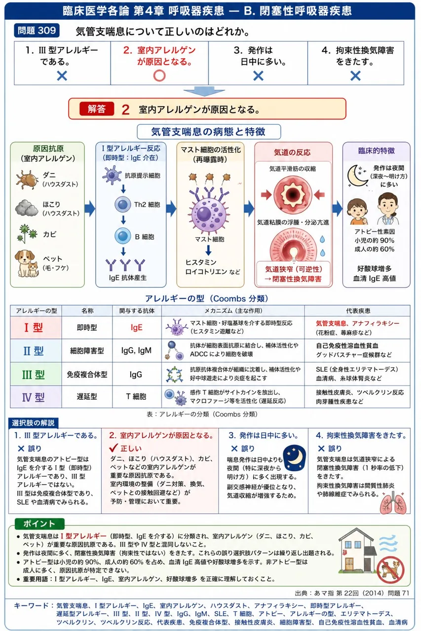 あマ指 第22回(2014) 問題71｜気管支喘息について正しいのはどれか。 解説図