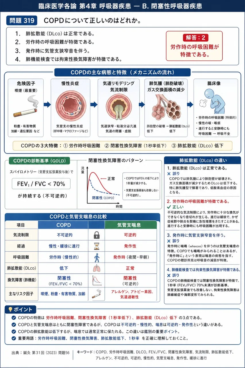 鍼灸 第31回(2023) 問題56｜COPDについて正しいのはどれか。 解説図