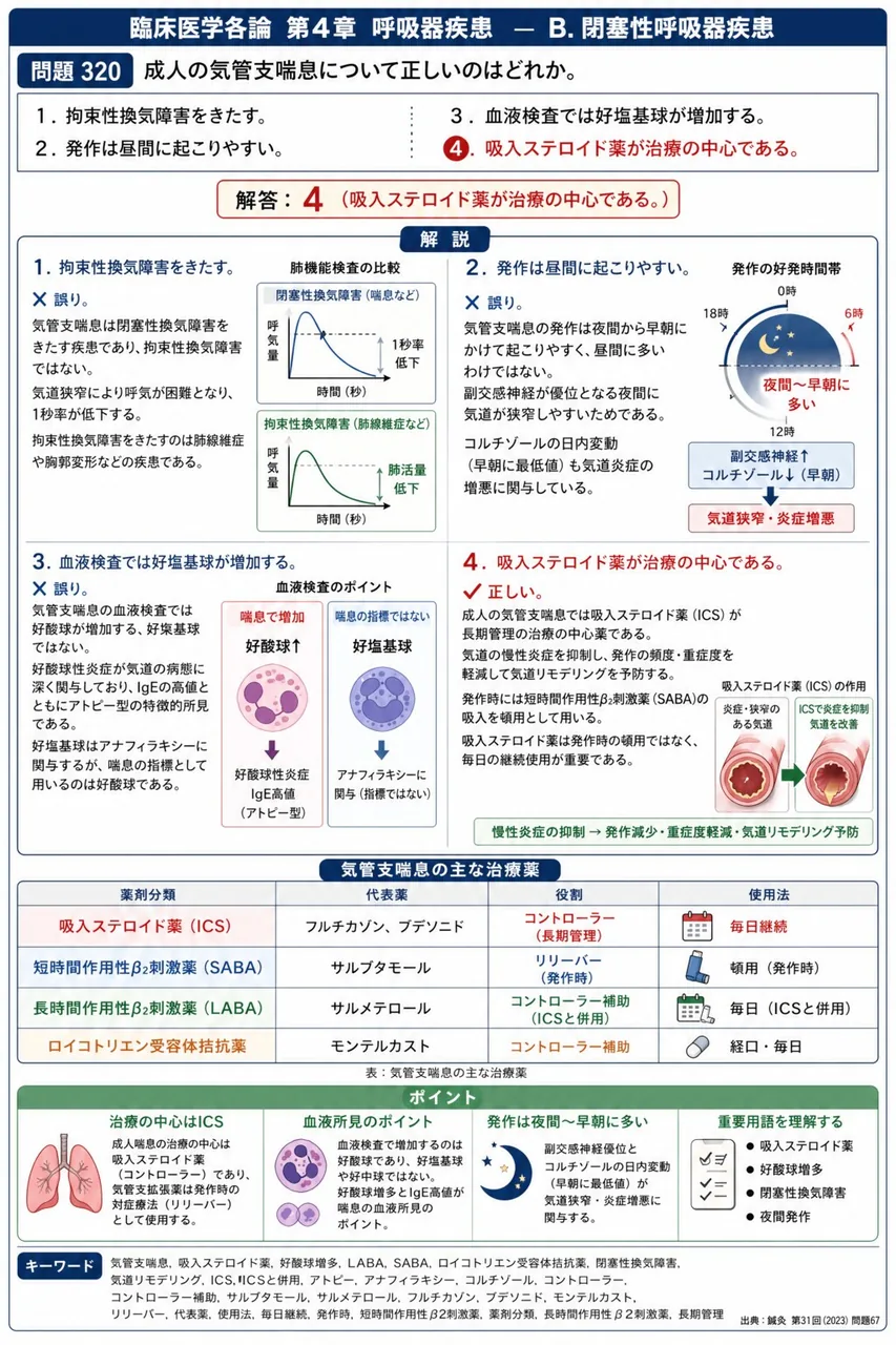 鍼灸 第31回(2023) 問題67｜成人の気管支喘息について正しいのはどれか。 解説図