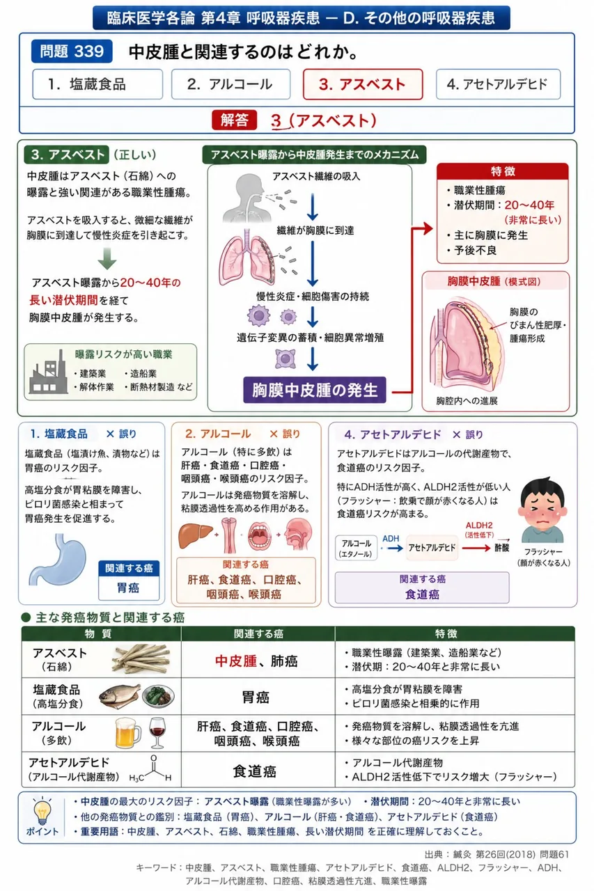 鍼灸 第26回(2018) 問題61｜中皮腫と関連するのはどれか。 解説図