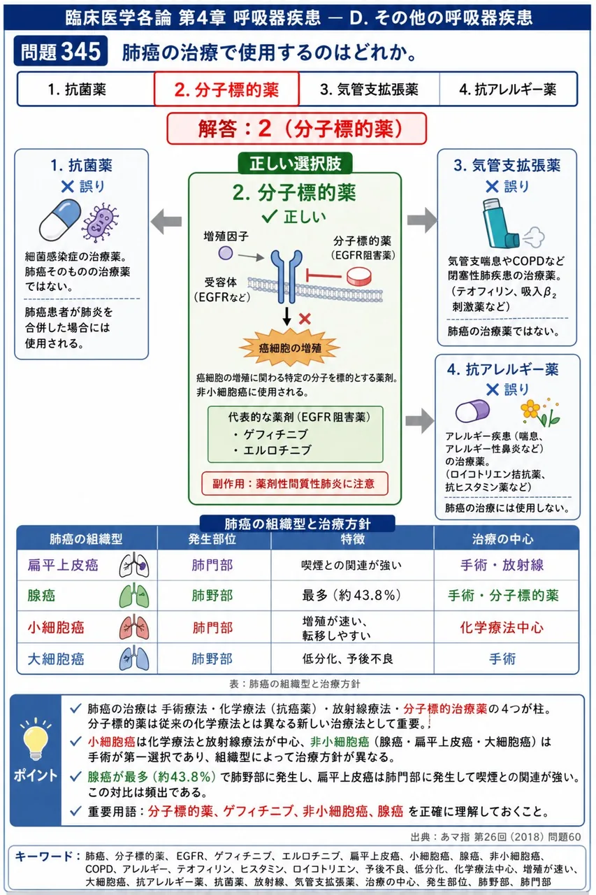 あマ指 第26回(2018) 問題60|肺癌の治療で使用するのはどれか。 解説図
