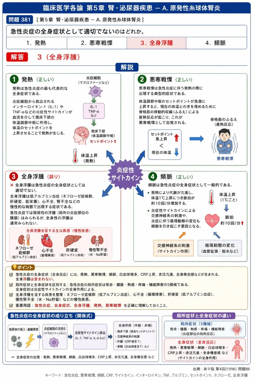 あマ指 第4回(1996) 問題86｜急性炎症の全身症状として適切でないのはどれか。 解説図