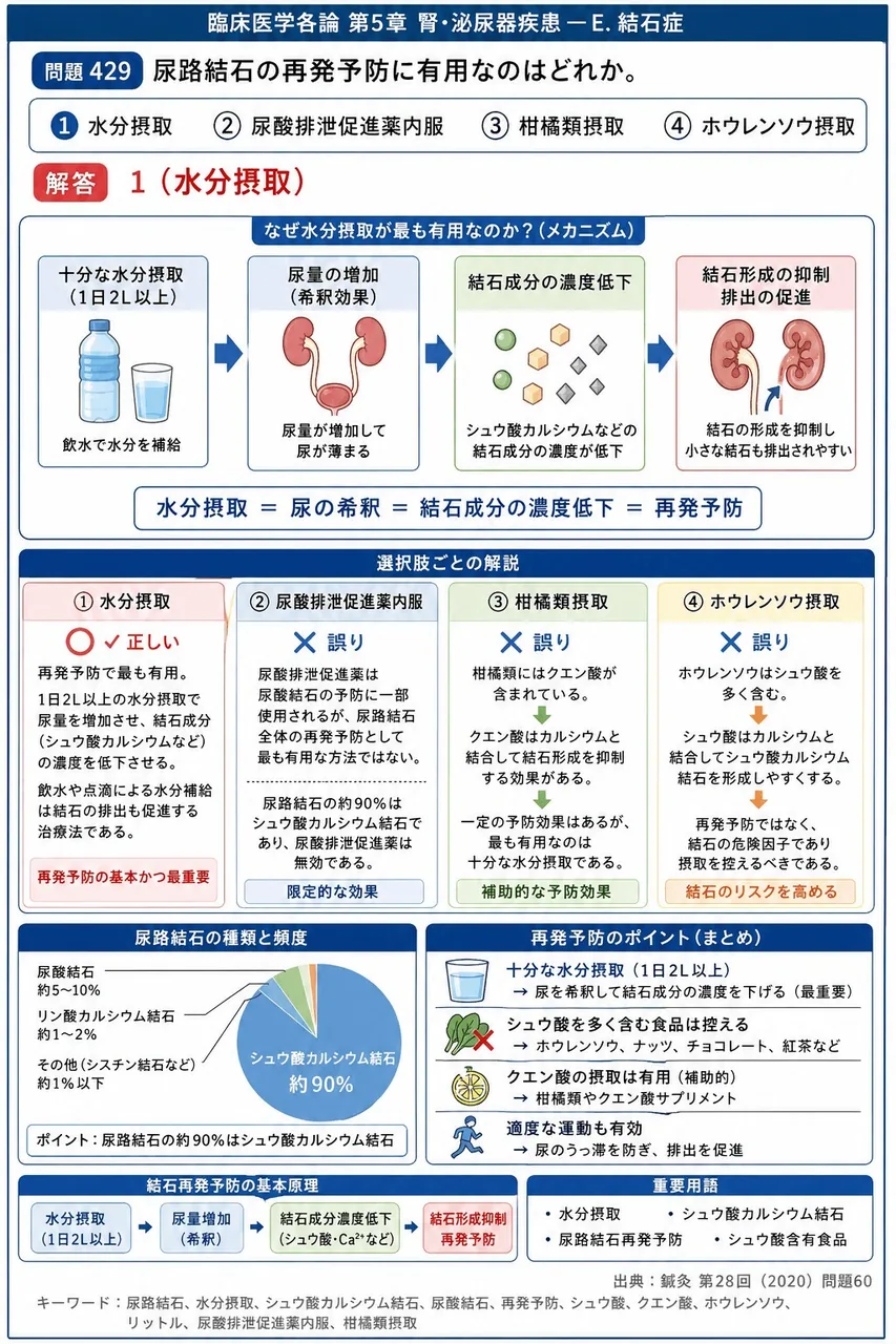 鍼灸 第28回(2020) 問題60｜尿路結石の再発予防に有用なのはどれか。 解説図