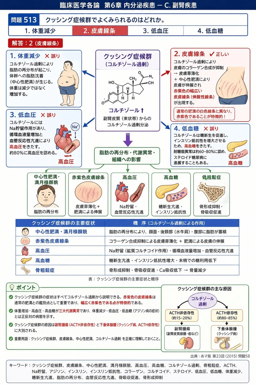 あマ指 第23回(2015) 問題58｜クッシング症候群でよくみられるのはどれか。 解説図