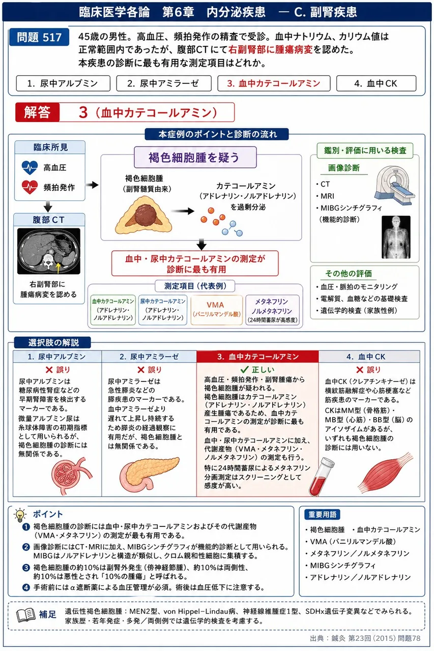 鍼灸 第23回(2015) 問題78｜「45歳の男性｡､高血圧、頻拍発作の精査で受診。血中ナトリウム、カリウム値は正常範囲内であったが、腹部CTにて右副腎部に腫瘍病変を認めた｡」本疾患の診断に最も有用な測定項目はどれか。 解説図