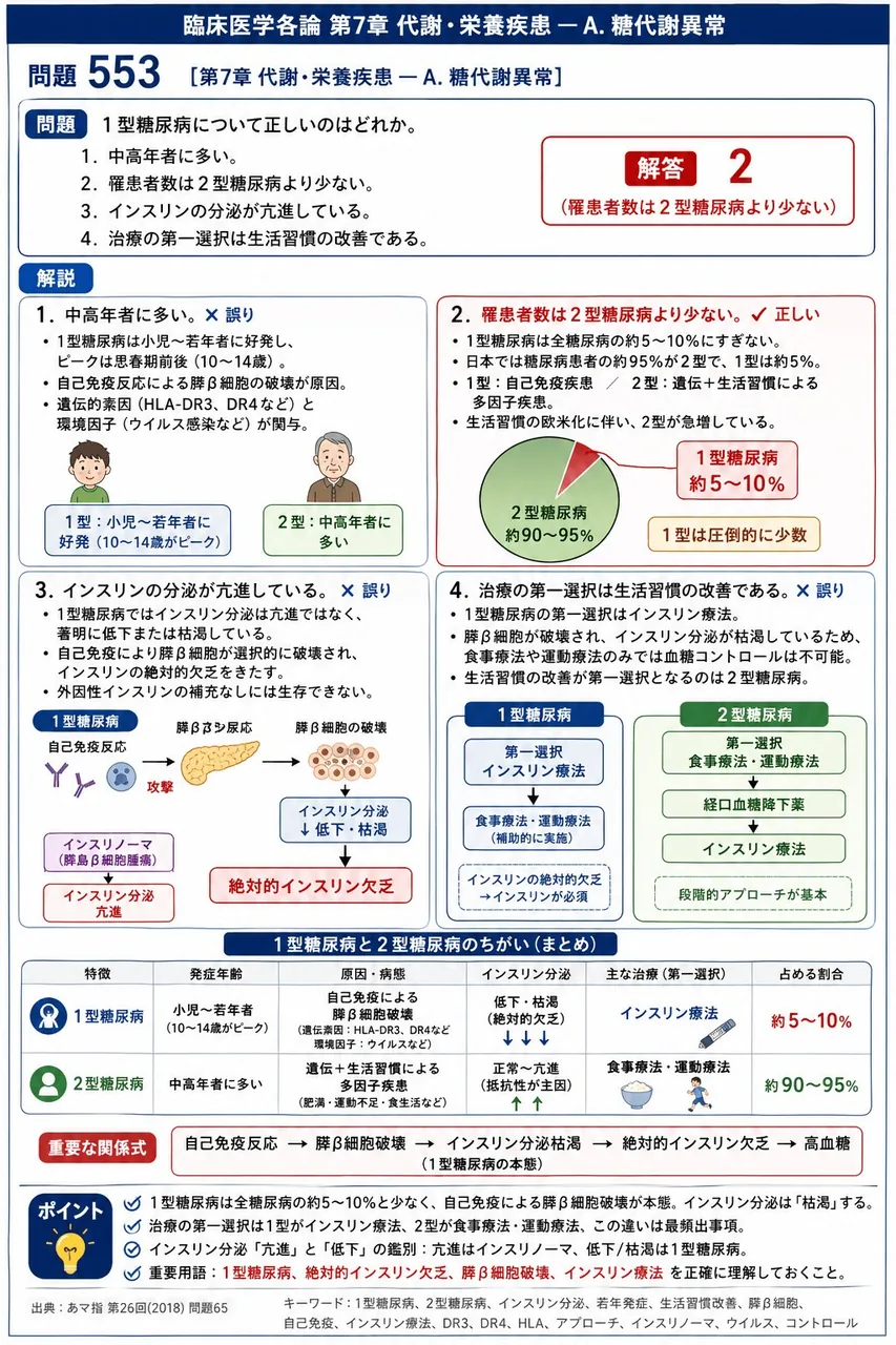 あマ指 第26回(2018) 問題65｜１型糖尿病について正しいのはどれか。 解説図