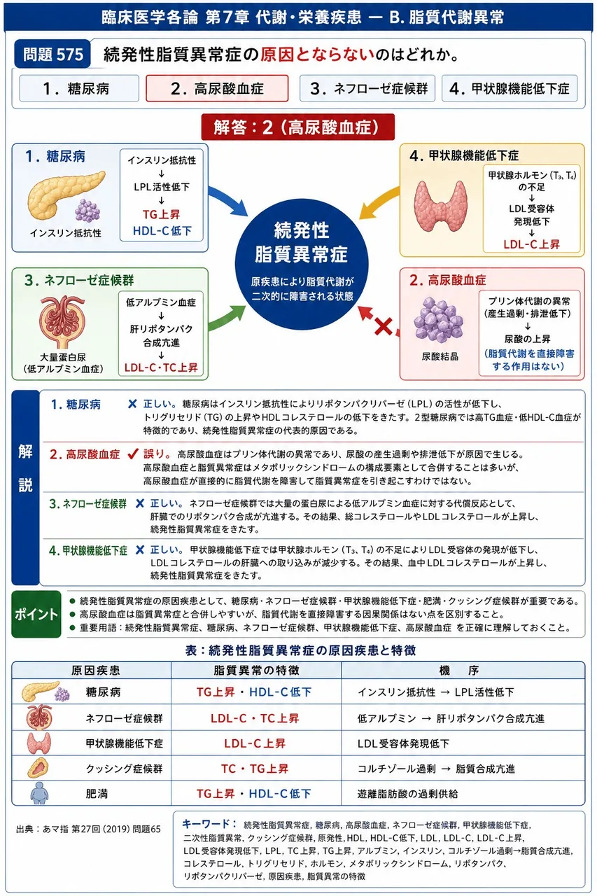 あマ指 第27回(2019) 問題65｜続発性脂質異常症の原因とならないのはどれか。 解説図