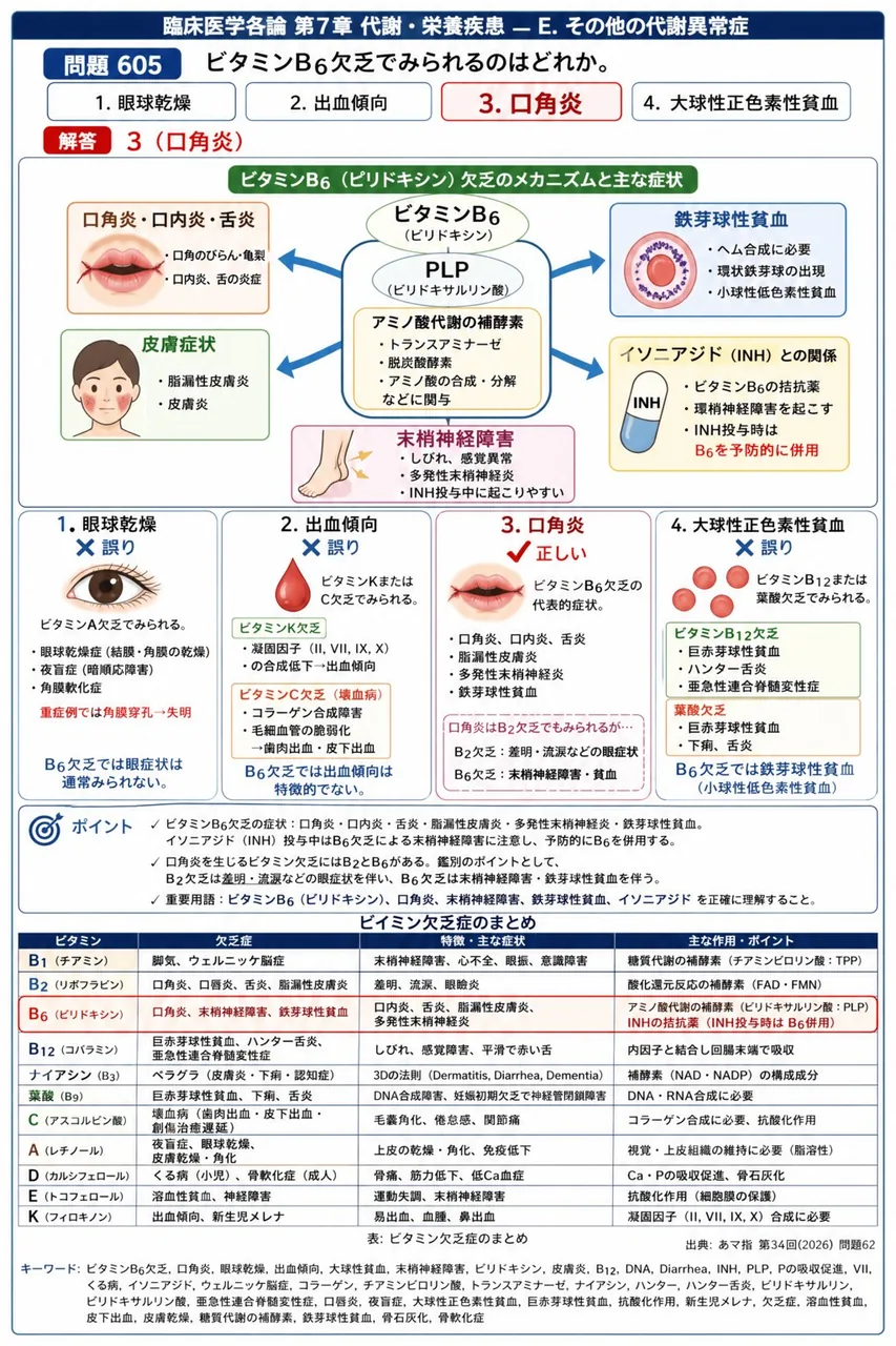 あマ指 第34回(2026) 問題62｜ビタミンB6欠乏でみられるのはどれか。 解説図