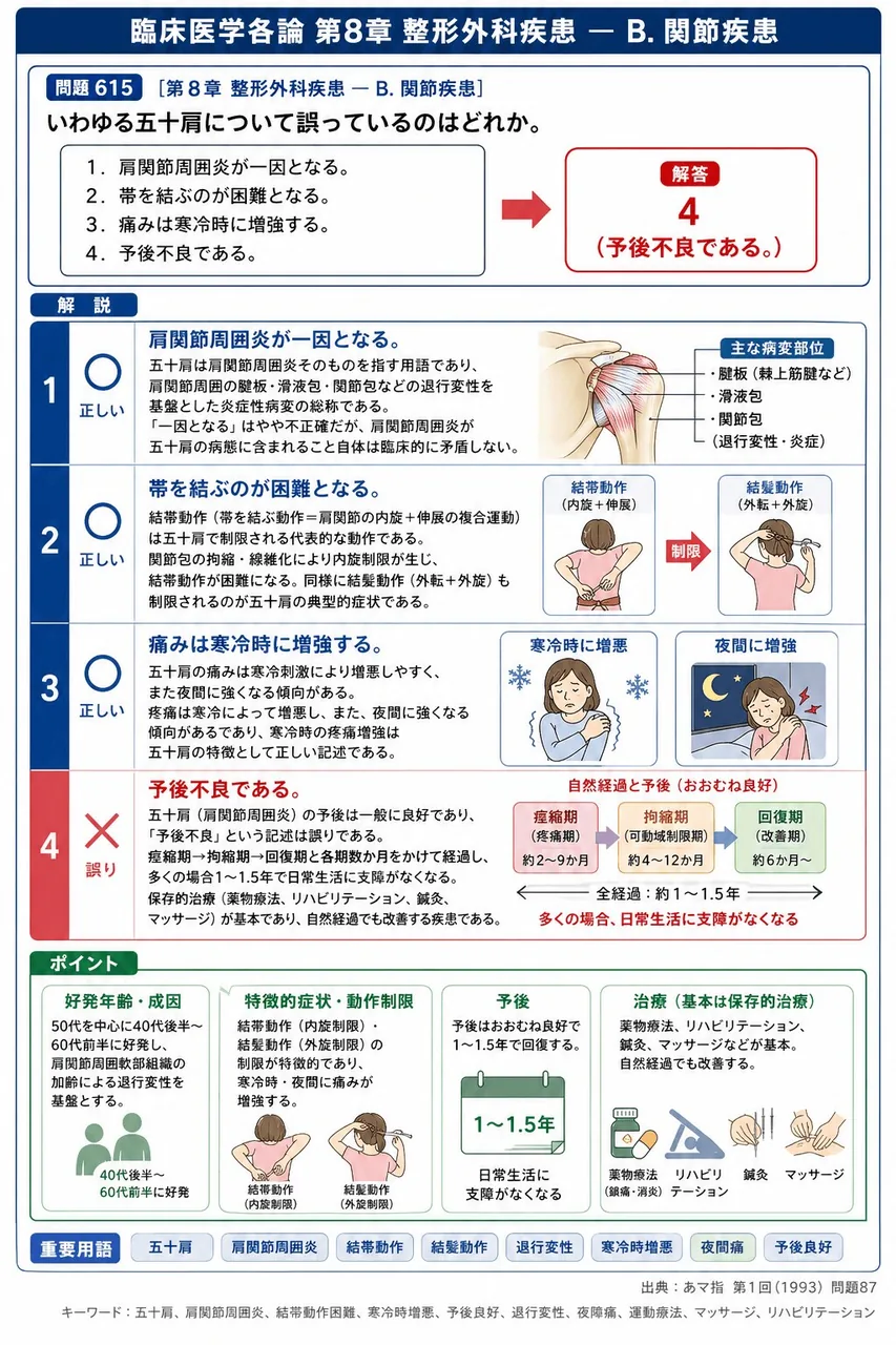 あマ指 第1回(1993) 問題87｜いわゆる五十肩について誤っているのはどれか。 解説図