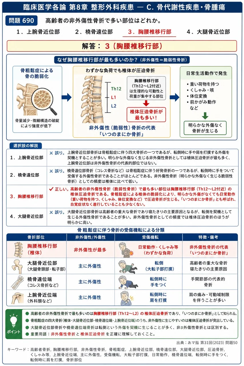 あマ指 第31回(2023) 問題50｜高齢者の非外傷性骨折で多い部位はどれか。 解説図