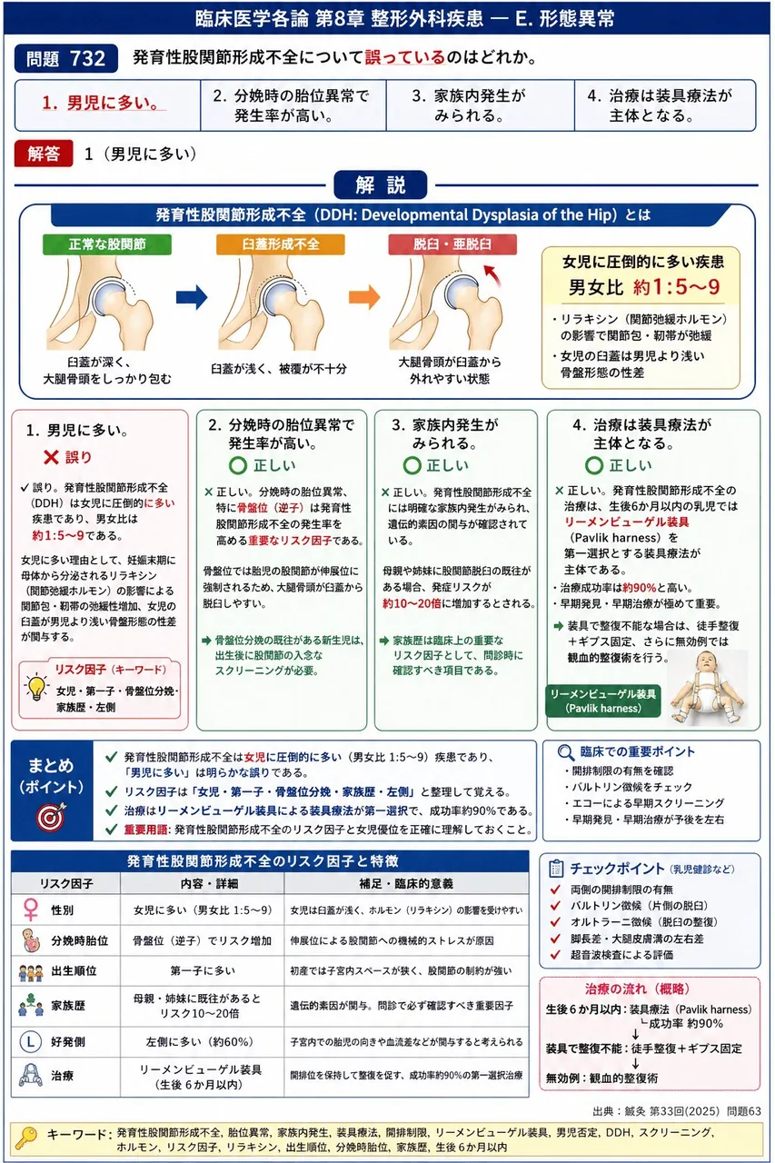 鍼灸 第33回(2025) 問題63|発育性股関節形成不全について誤っているのはどれか。 解説図