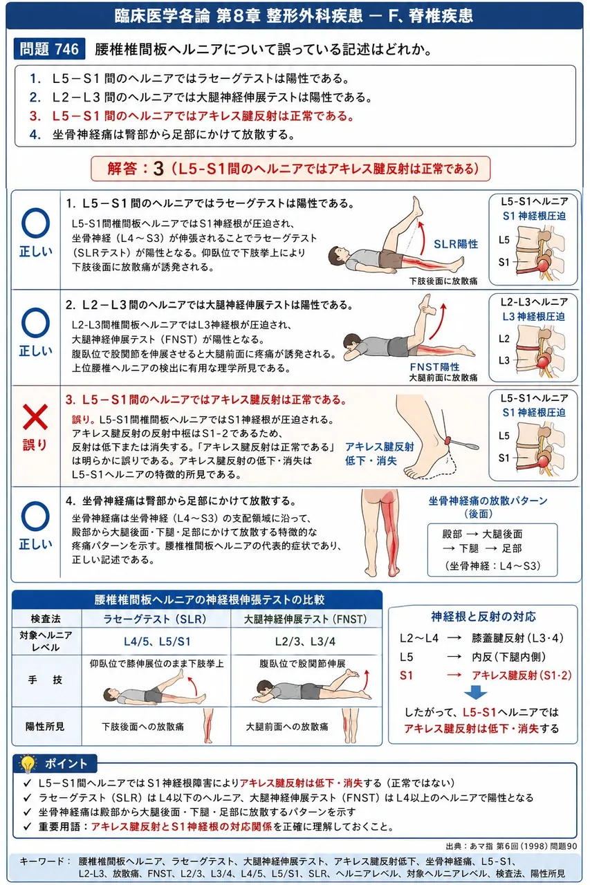 あマ指 第6回(1998) 問題90｜腰椎椎間板ヘルニアについて誤っている記述はどれか。 解説図