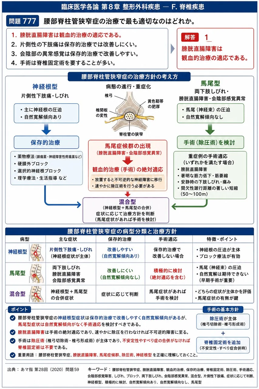 あマ指 第28回(2020) 問題59｜腰部脊柱管狭窄症の治療で最も適切なのはどれか。 解説図