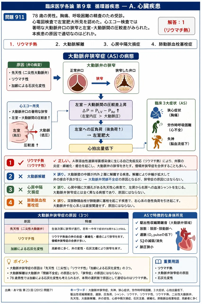 あマ指 第23回(2015) 問題71｜「78 歳の男性。胸痛、呼吸困難の精査のため受診。心電図検査で左室肥大所見を認めた。心エコー検査では著明な大動脈弁口の狭窄と左室-大動脈間の圧較差がみられた｡」本疾患の原因で適切なのはどれか。 解説図