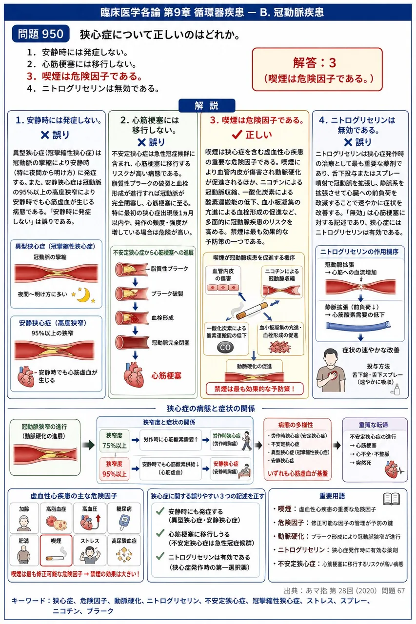 あマ指 第28回(2020) 問題67｜狭心症について正しいのはどれか。 解説図