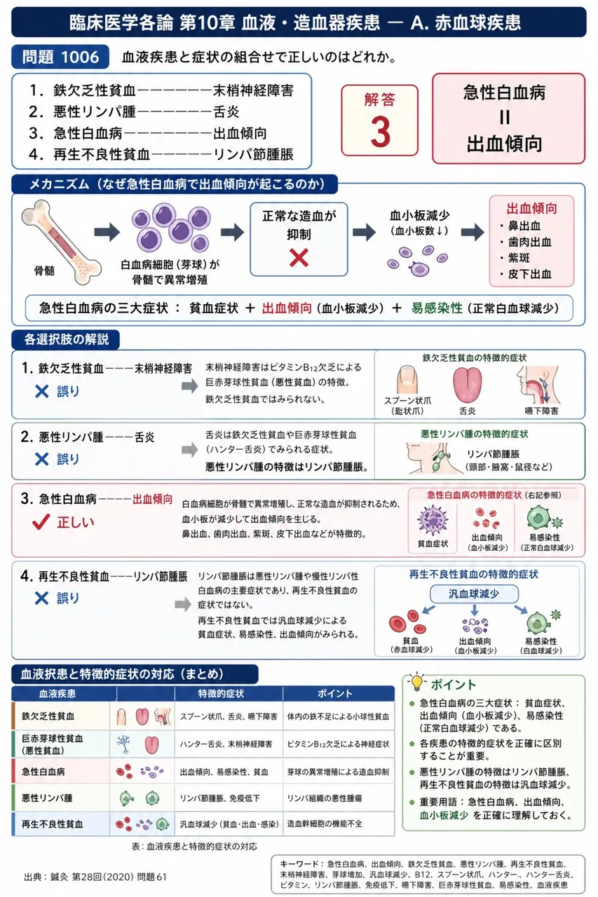 鍼灸 第28回(2020) 問題61｜血液疾患と症状の組合せで正しいのはどれか。 解説図
