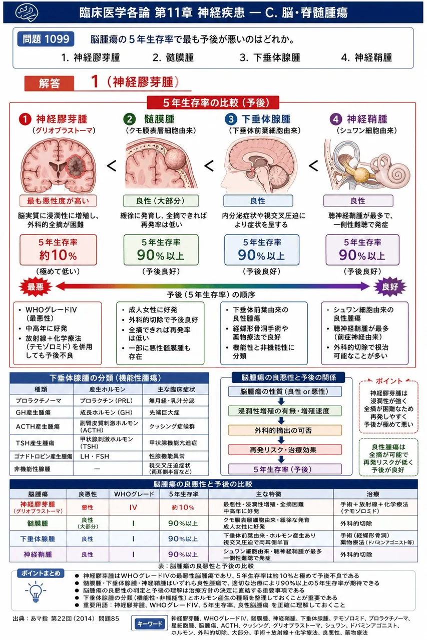 あマ指 第22回(2014) 問題85|脳腫瘍の5年生存率で最も予後が悪いのはどれか。 解説図