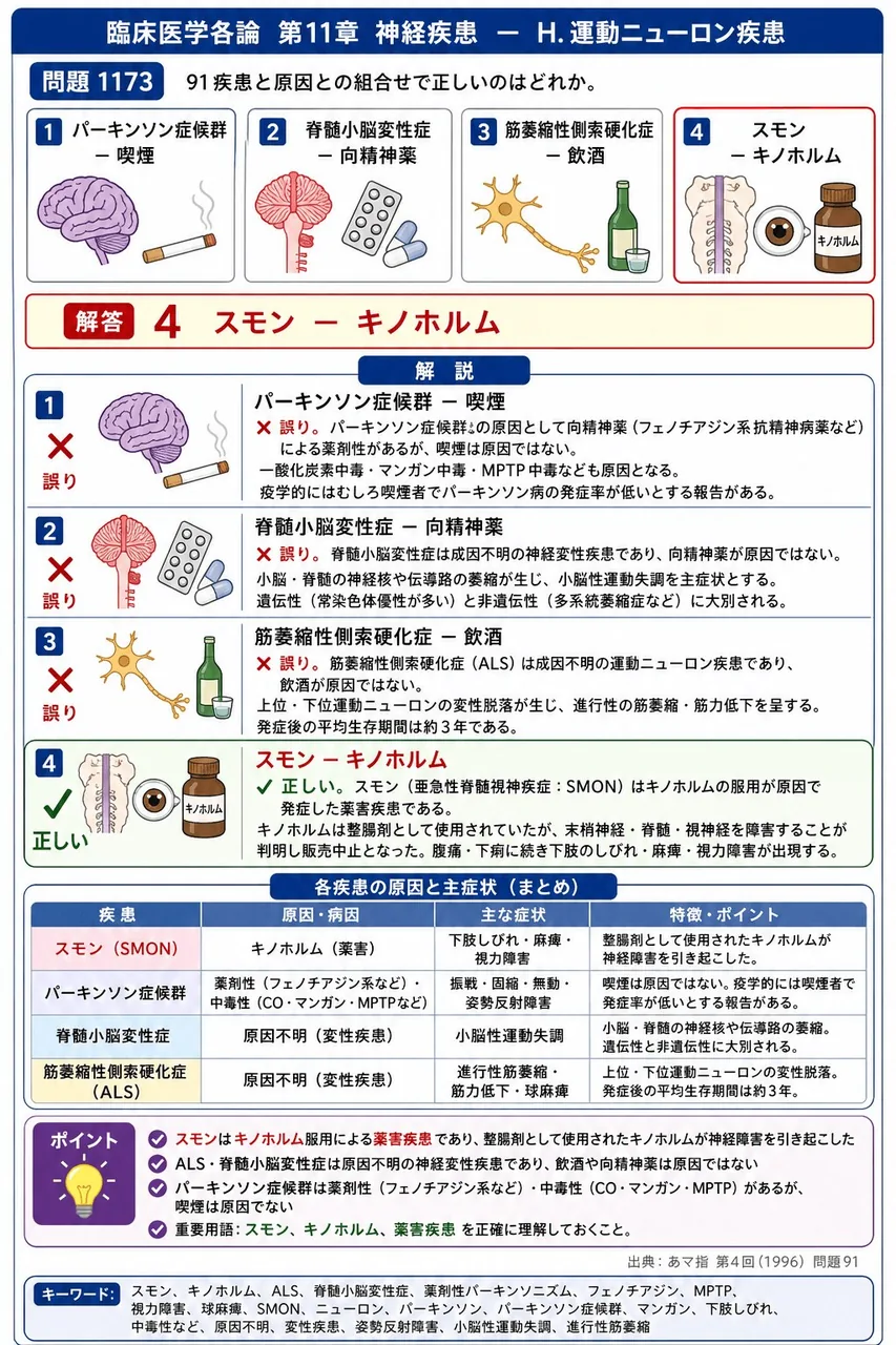 あマ指 第4回(1996) 問題91｜91疾患と原因との組合せで正しいのはどれか。 解説図