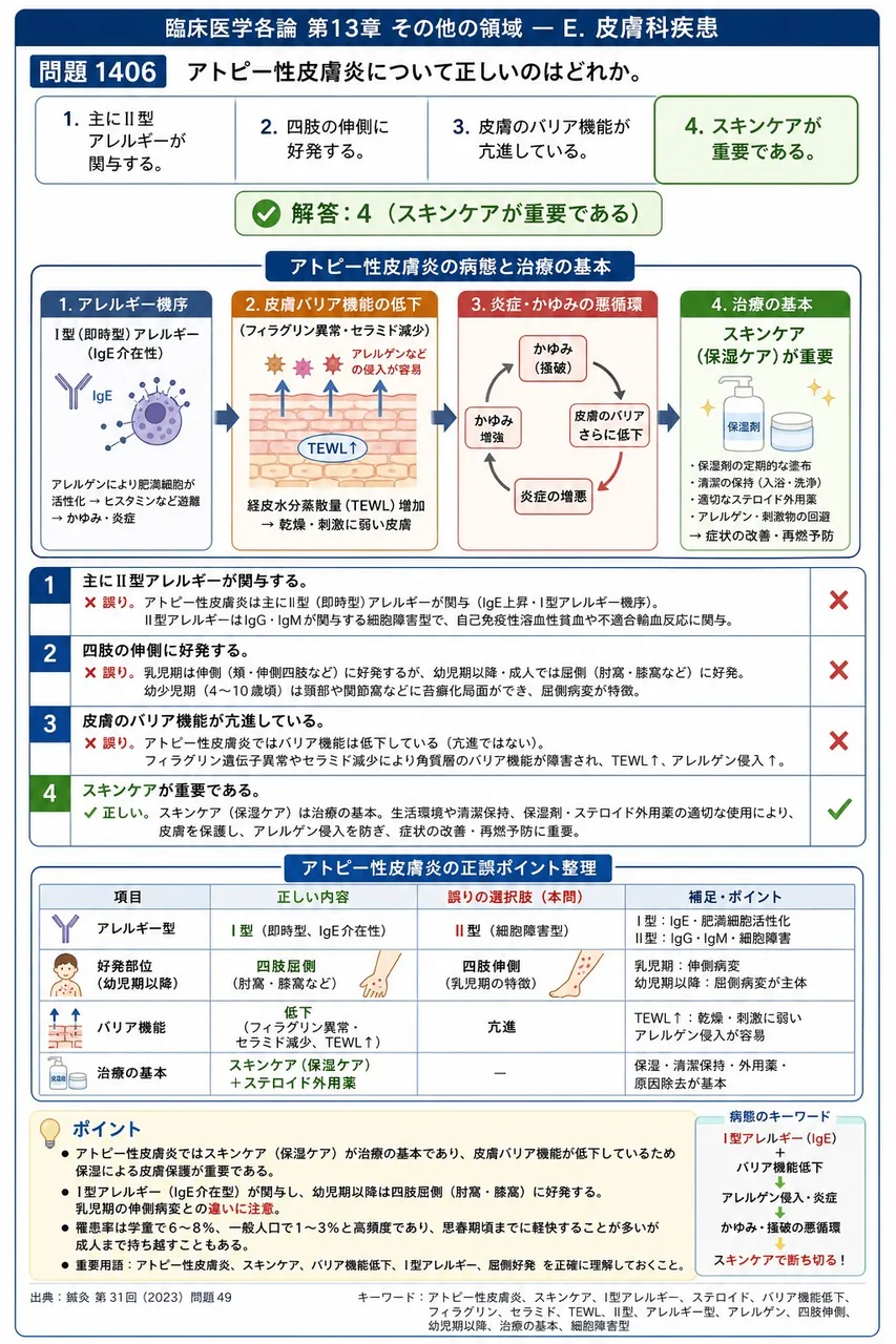 鍼灸 第31回(2023) 問題49｜アトピー性皮膚炎について正しいのはどれか。 解説図