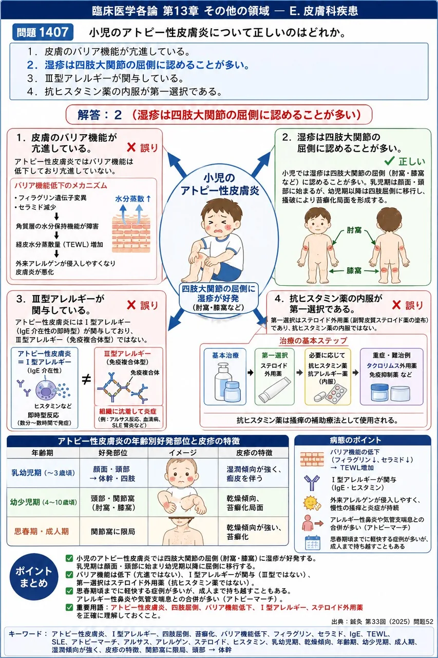 鍼灸 第33回(2025) 問題52｜小児のアトピー性皮膚炎について正しいのはどれか。 解説図