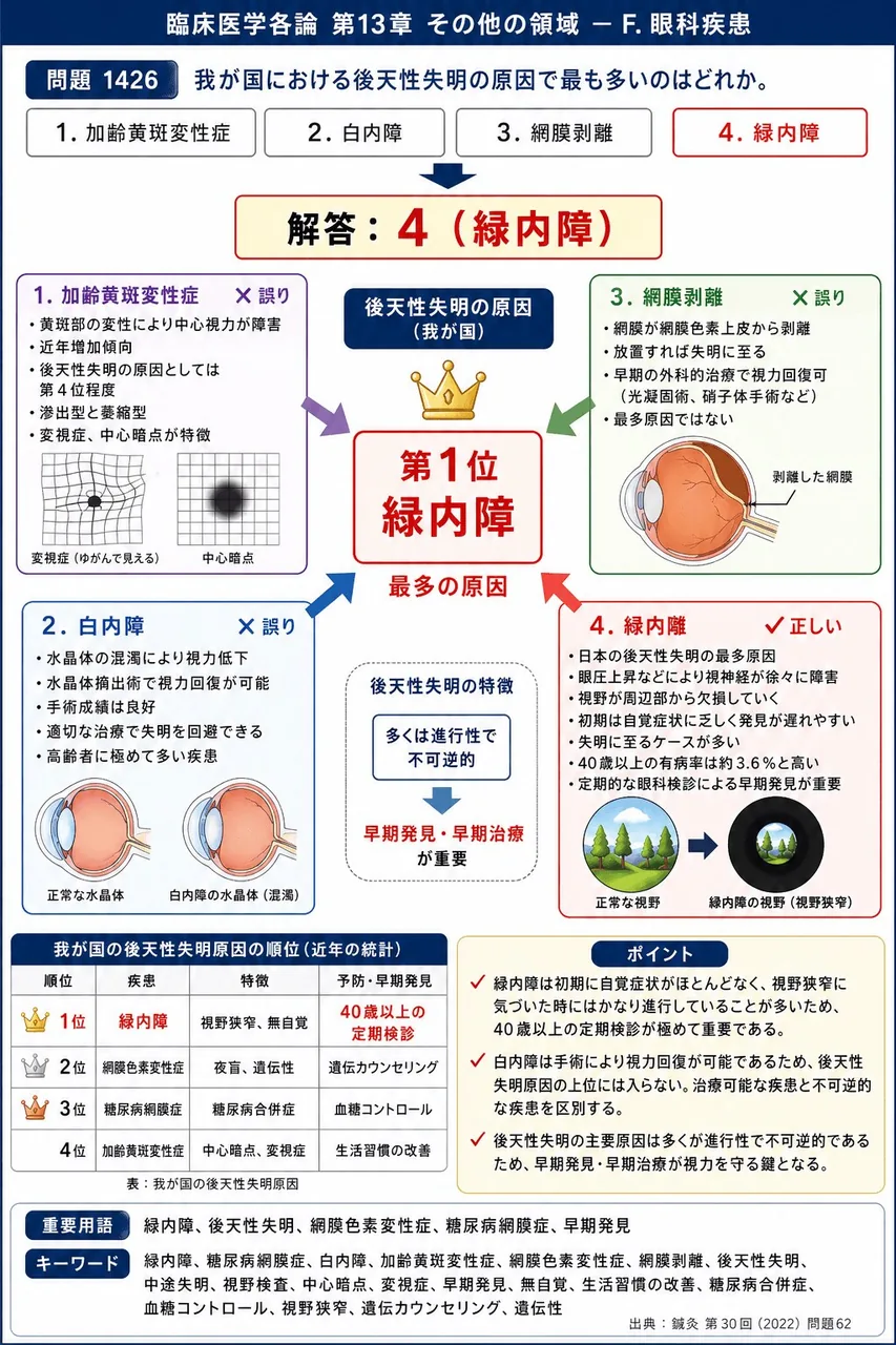 鍼灸 第30回(2022) 問題62｜我が国における後天性失明の原因で最も多いのはどれか。 解説図