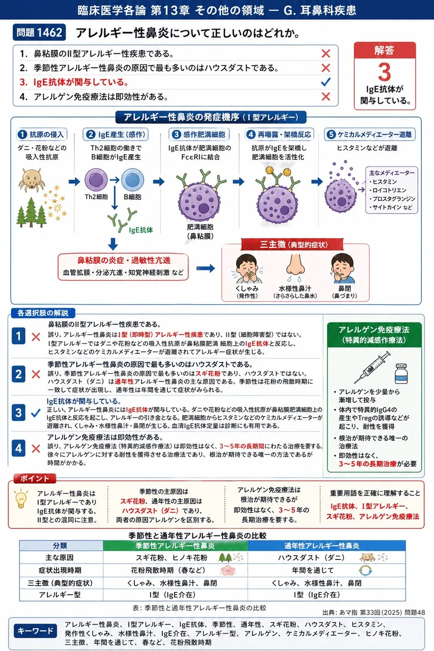 あマ指 第33回(2025) 問題48｜アレルギー性鼻炎について正しいのはどれか。 解説図
