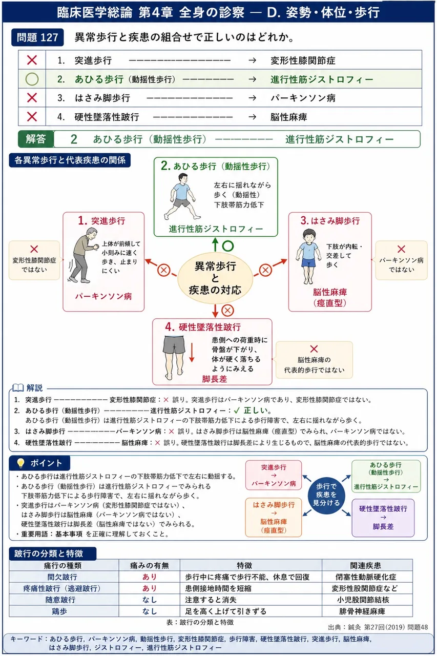 鍼灸 第27回(2019) 問題48｜異常歩行と疾患の組合せで正しいのはどれか。 解説図