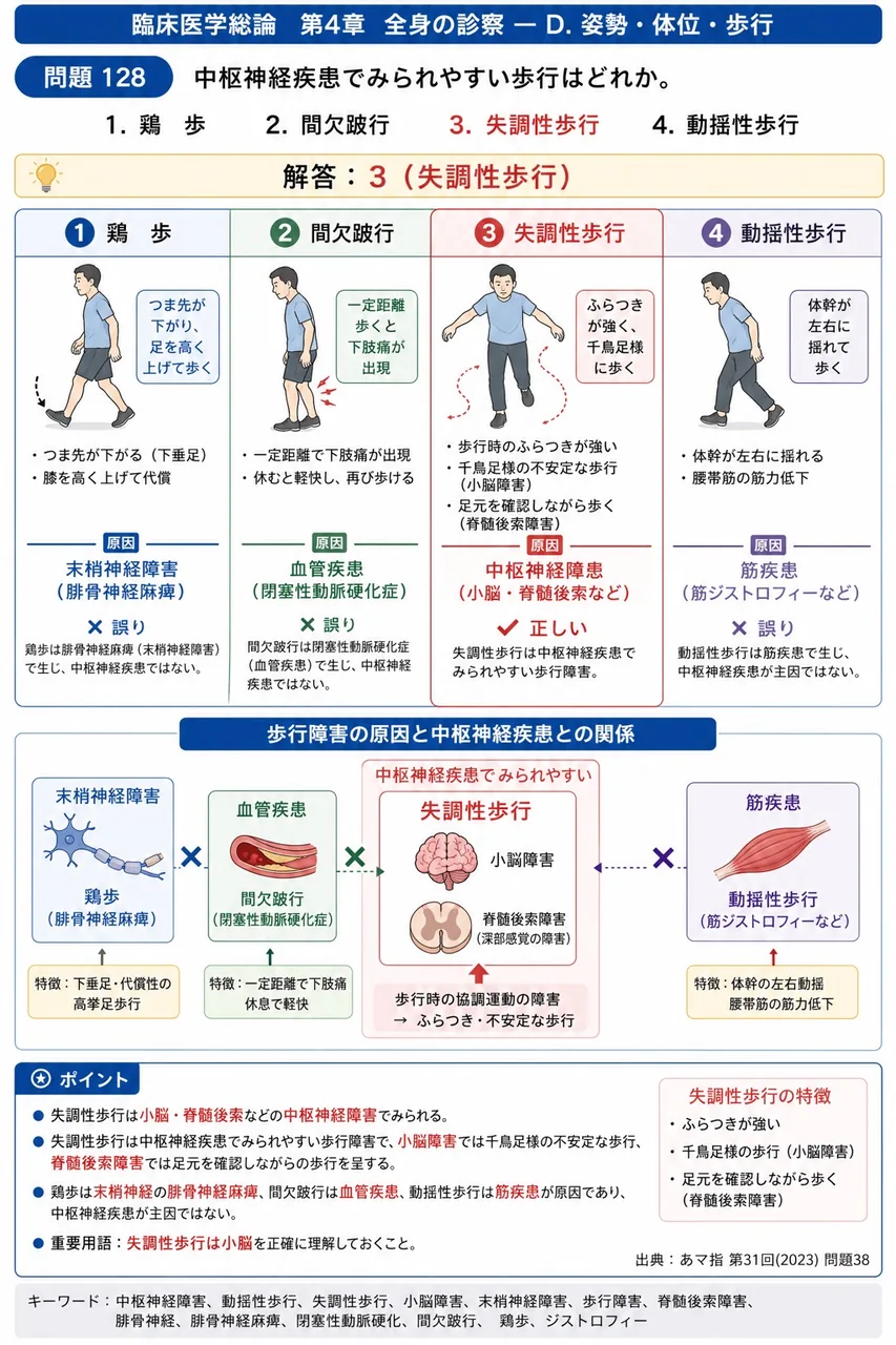 あマ指 第31回(2023) 問題38｜中枢神経疾患でみられやすい歩行はどれか。 解説図