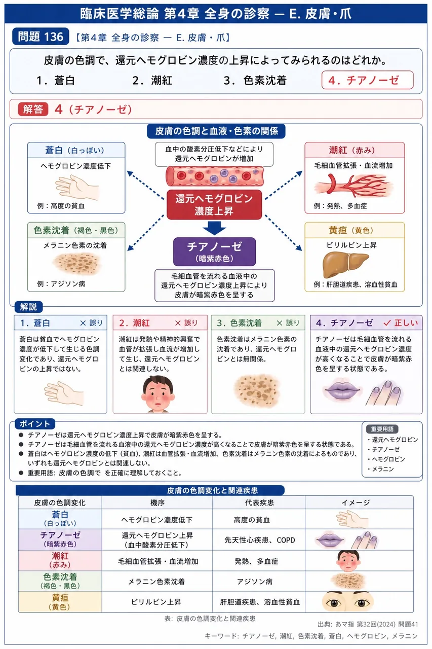 あマ指 第32回(2024) 問題41｜皮膚の色調で、還元ヘモグロビン濃度の上昇によってみられるのはどれか。 解説図