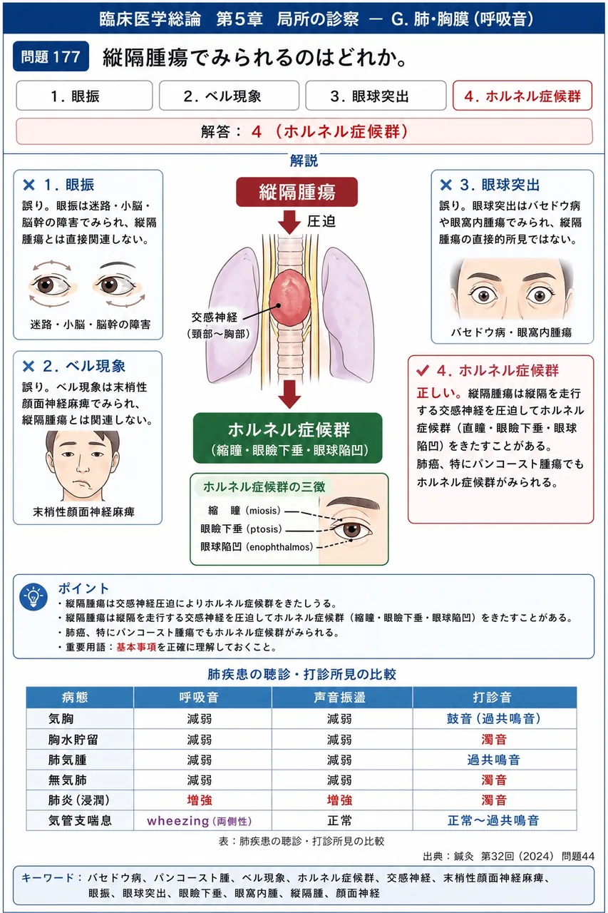 鍼灸 第32回(2024) 問題44｜縦隔腫瘍でみられるのはどれか。 解説図
