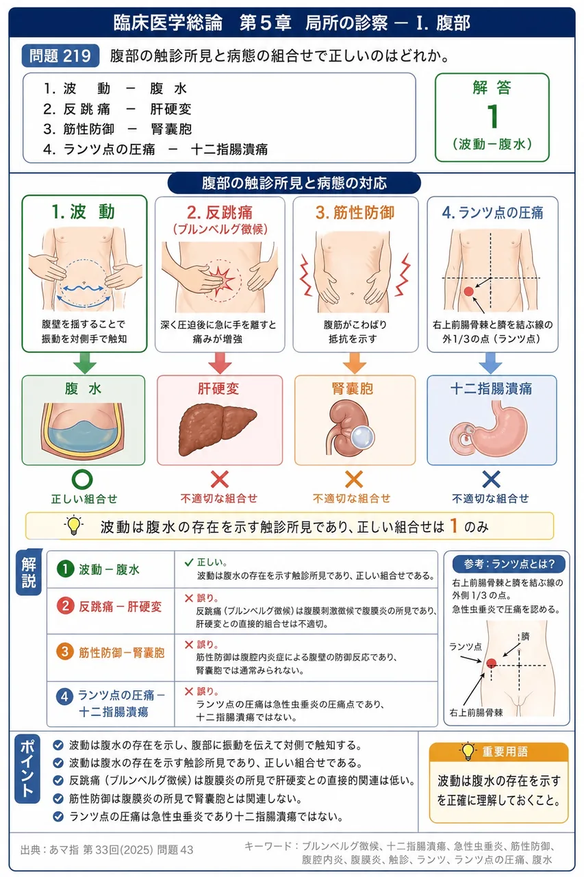 あマ指 第33回(2025) 問題43｜腹部の触診所見と病態の組合せで正しいのはどれか。 解説図