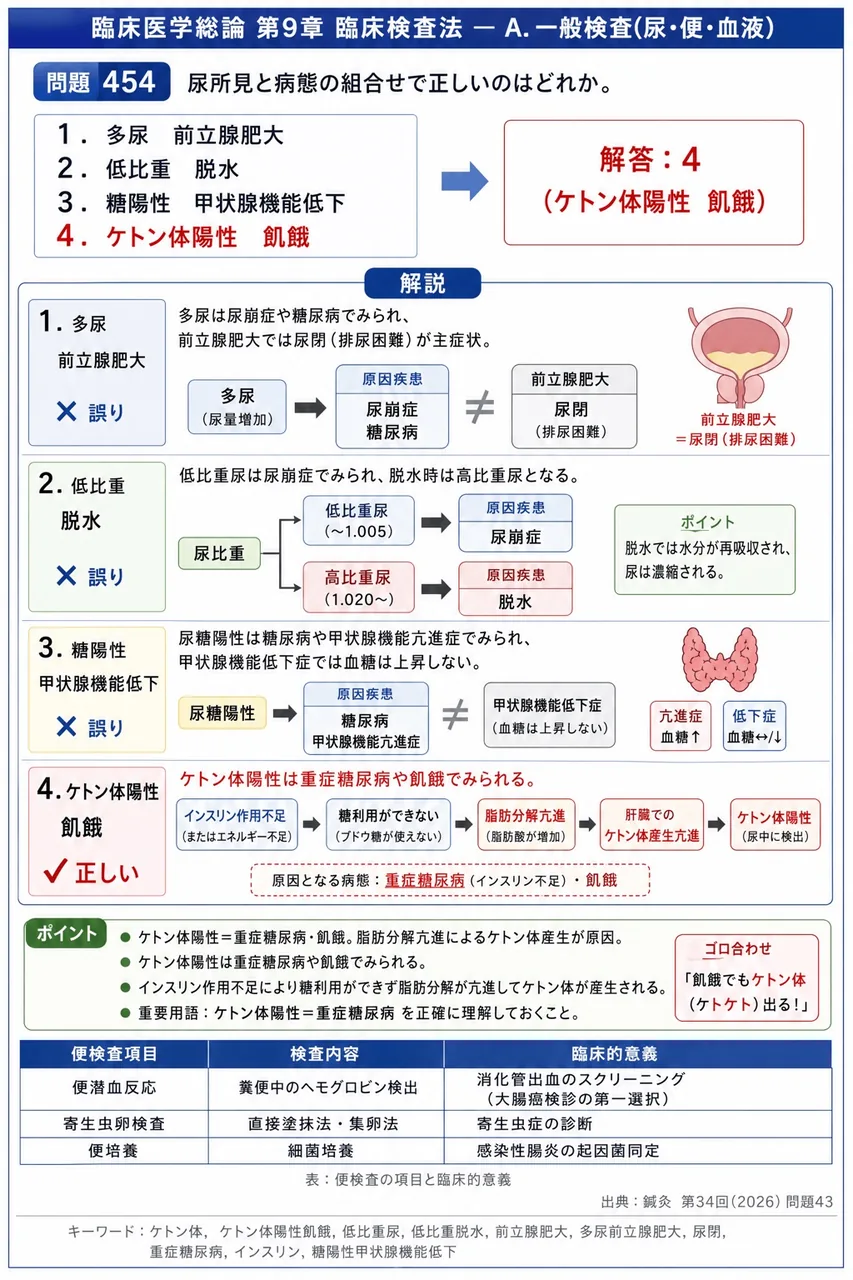 鍼灸 第34回(2026) 問題43｜尿所見と病態の組合せで正しいのはどれか。 解説図