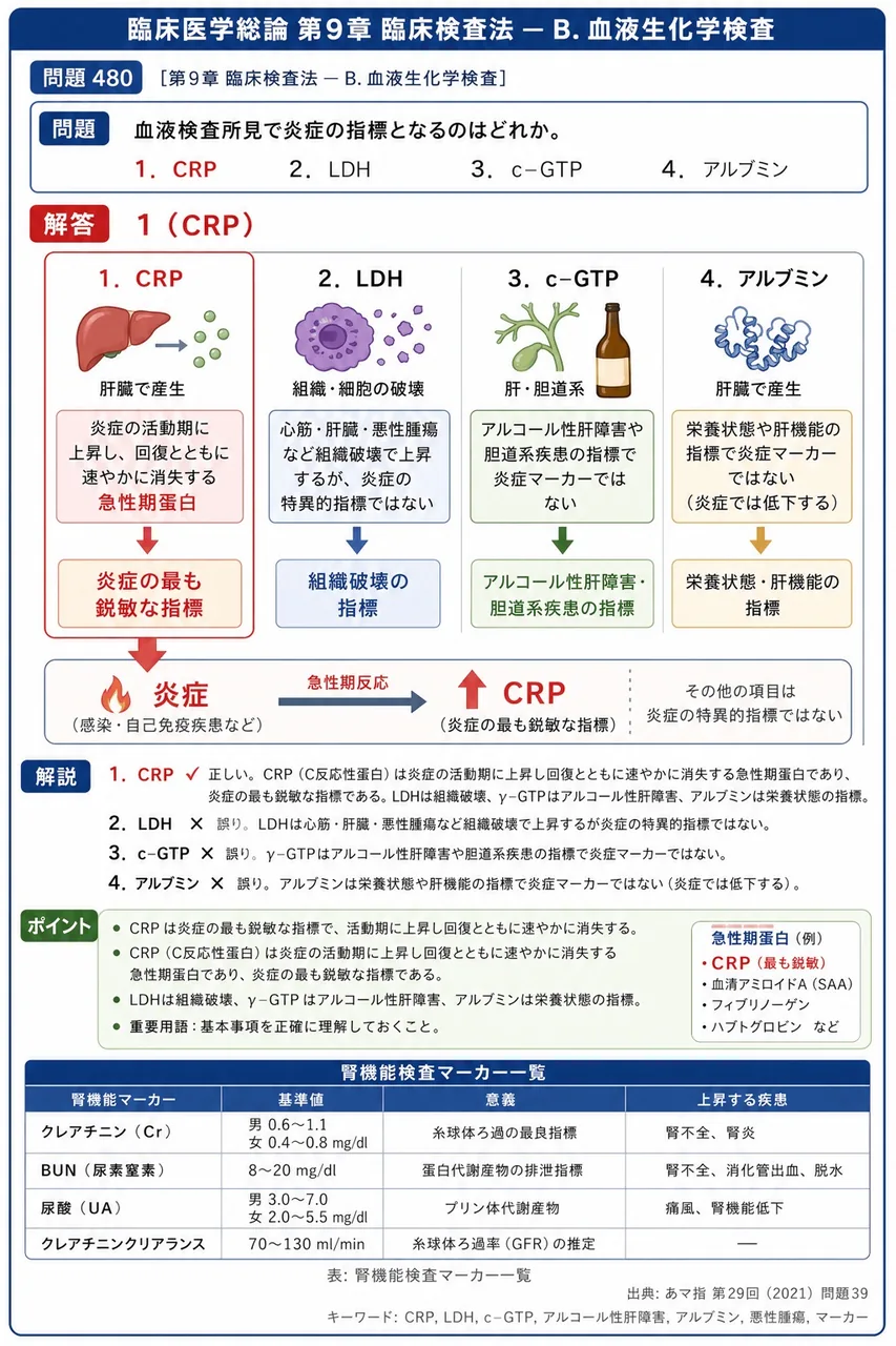 あマ指 第29回(2021) 問題39｜血液検査所見で炎症の指標となるのはどれか。 解説図