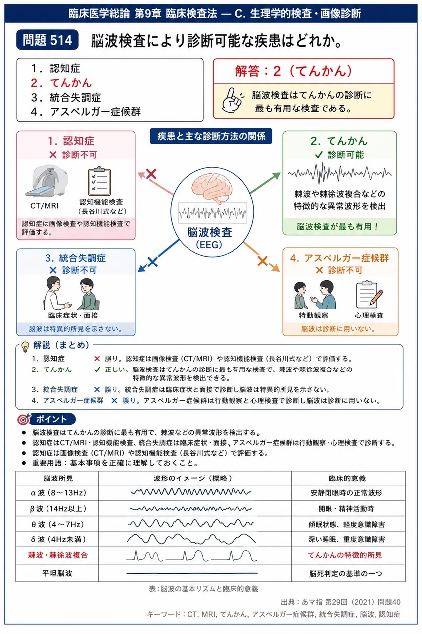 あマ指 第29回(2021) 問題40｜脳波検査により診断可能な疾患はどれか。 解説図