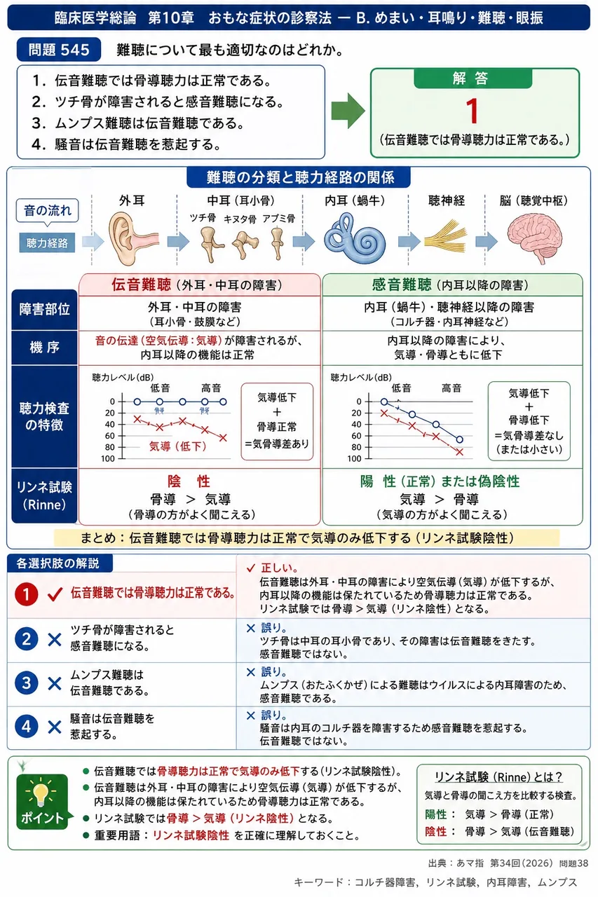 あマ指 第34回(2026) 問題38｜難聴について最も適切なのはどれか。 解説図