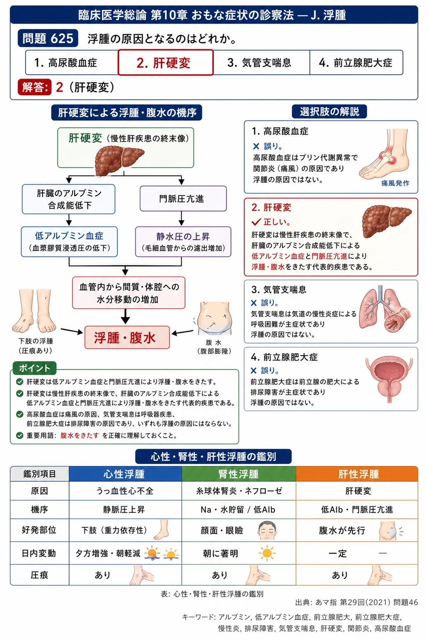 あマ指 第29回(2021) 問題46｜浮腫の原因となるのはどれか。 解説図