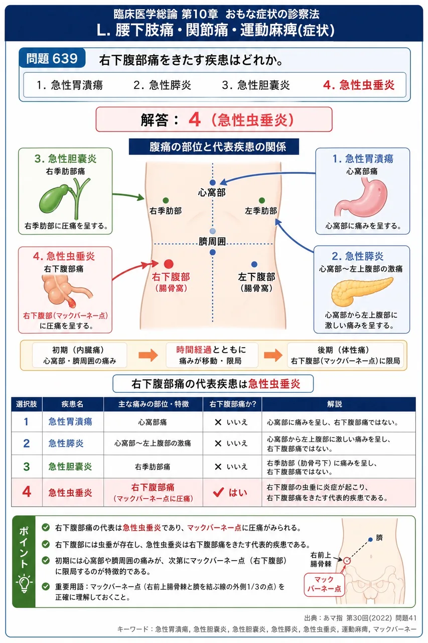 あマ指 第30回(2022) 問題41｜右下腹部痛をきたす疾患はどれか。 解説図