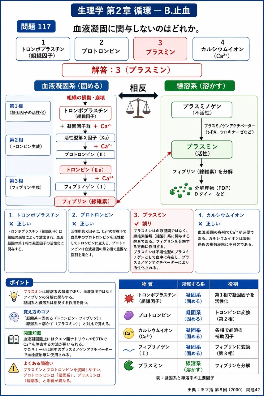 あマ指 第8回(2000) 問題42|血液凝固に関与しないのはどれか。 解説図