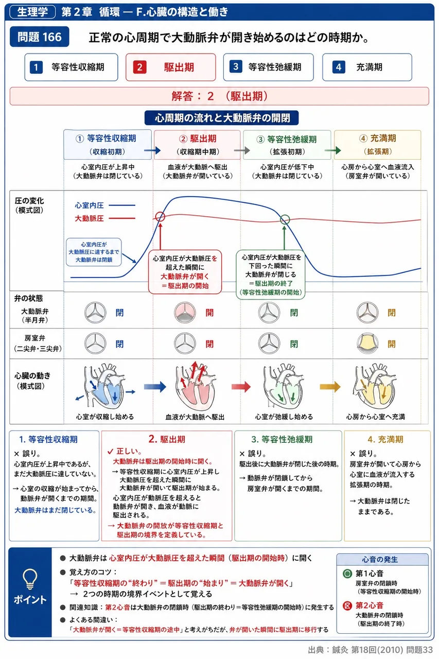 鍼灸 第18回(2010) 問題33｜正常の心周期で大動脈弁が開き始めるのはどの時期か。 解説図