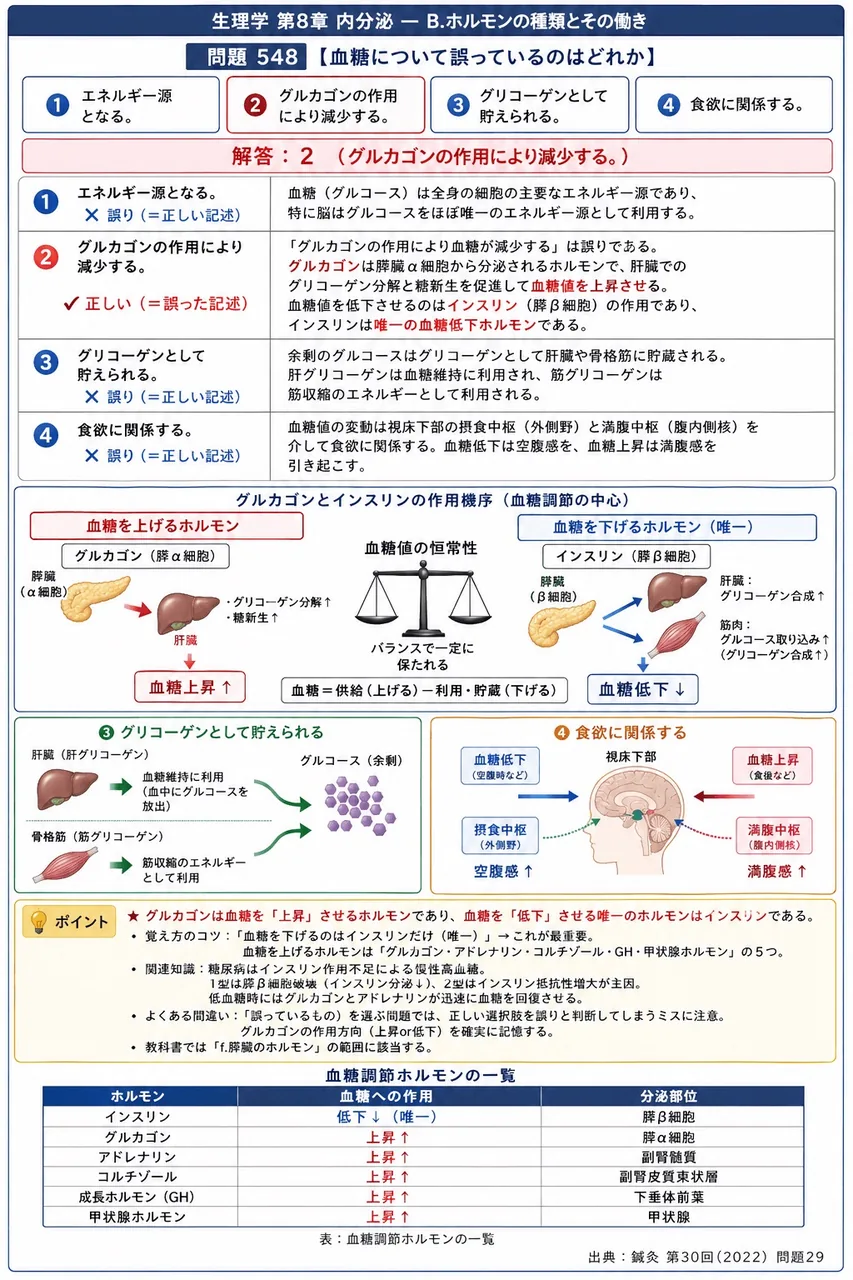 鍼灸 第30回(2022) 問題29|血糖について誤っているのはどれか。 解説図