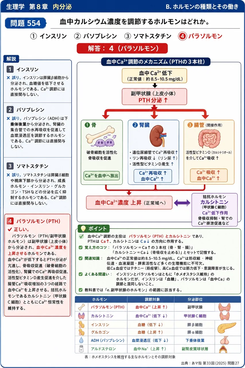あマ指 第33回(2025) 問題27|血中カルシウム濃度を調節するホルモンはどれか。 解説図