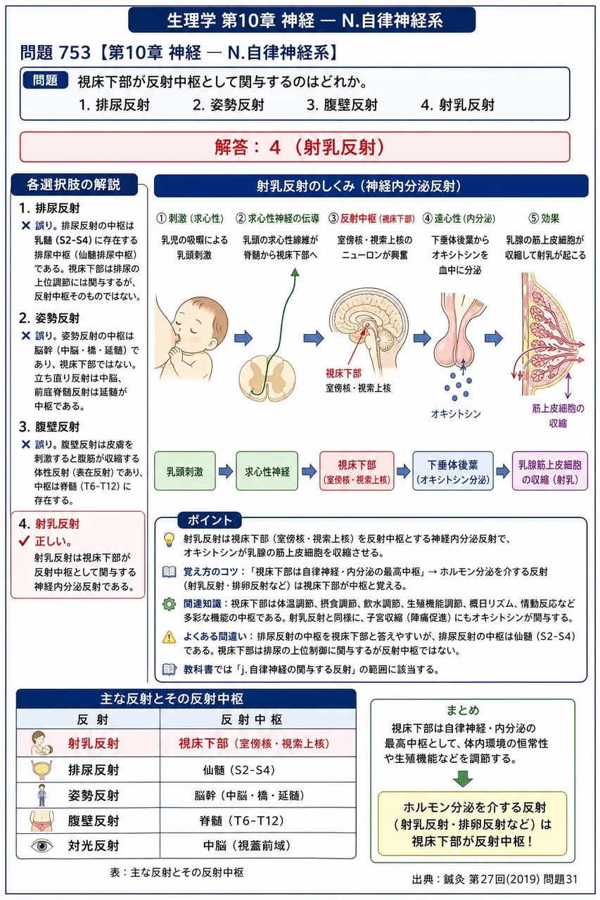 鍼灸 第27回(2019) 問題31｜視床下部が反射中枢として関与するのはどれか。 解説図